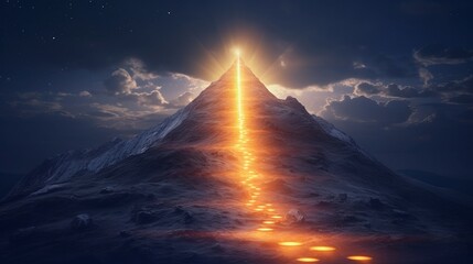 Illustration of a majestic mountain peak illuminated by a brilliant light