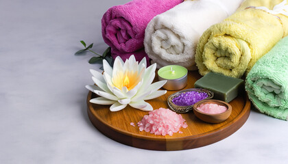 Obraz na płótnie Canvas spa accessories towels and soap sea salt lotus flower candle on a round board plate