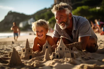 Foto op Plexiglas Memories in the Sand: Grandparent and Child Create Joyful Sandcastles on a Seaside Holiday, Filled with Love and Laughter  © Mr. Bolota