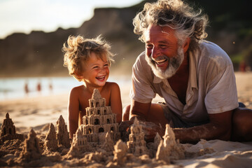 Memories in the Sand: Grandparent and Child Create Joyful Sandcastles on a Seaside Holiday, Filled...