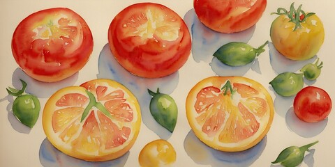 Watercolor drawing, yellow and red tomatoes on a light background.