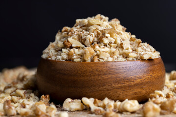 Crushed dried walnuts on the table