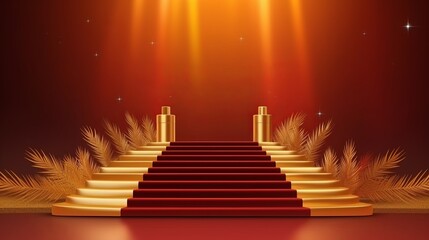 Illustration of a grand staircase leading to a stage with a vibrant red curtain