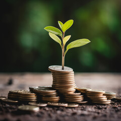 Growing Seedlings on Stacked Coins: A Symbol of Financial Investment and Business Growth for Profit