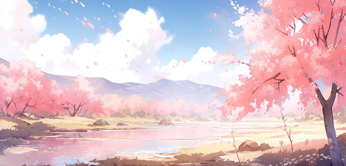 Obraz na płótnie Canvas hand drawn cartoon beautiful blooming cherry blossom landscape illustration 