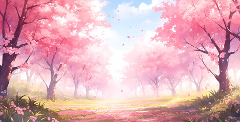 hand drawn cartoon beautiful blooming cherry blossom landscape illustration
