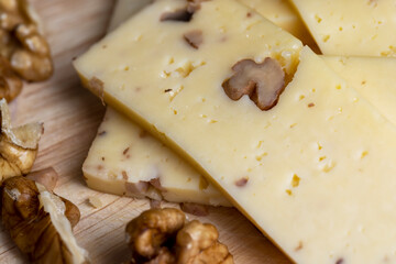 Sliced piece of milk cheese with walnuts