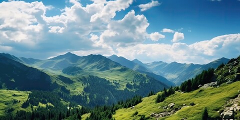 AI Generated. AI Generative. Adventure outdoor wild vacation trip landscape beautiful background. Mountains valley. Graphic Art