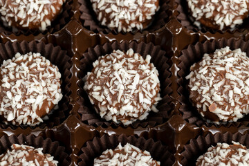 Chocolate candies with coconut flavor and filling