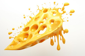 A slice of yellow cheese with holes melts and turns into cheese sauce or melted cheese. Isolated on a white background, yellow splashes and drips. Generative AI 3d render illustration imitation. - obrazy, fototapety, plakaty