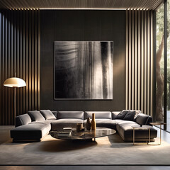Fluted wall panels in luxury premium living room, contemporary minimalistic design. Generative AI