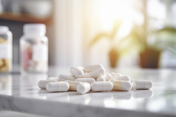 Close-up photo of heap of white medical capsules on the table. Generative AI