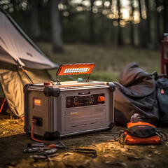 Portable power generator. Advertising photo of fuel generator in camping in the woods. Generative AI