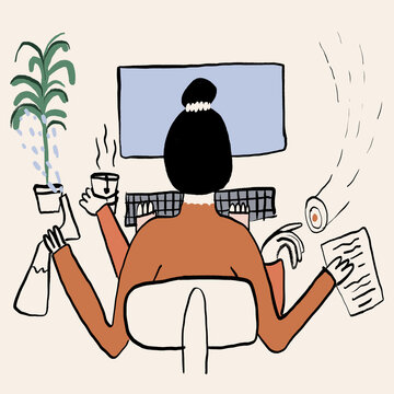 Vector design of multitasking woman working on computer