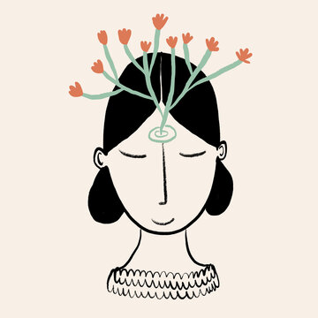 Vector design of female with flowers growing from third eye chakra