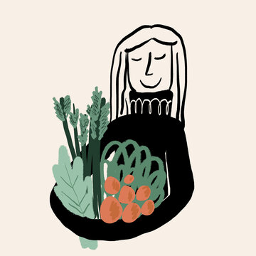 Flat style of woman with bunch of plants against white background