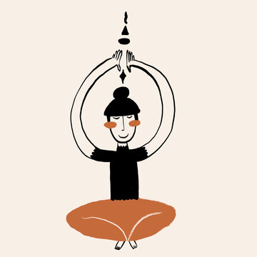 Vector cartoon of woman meditating with closed eyes in Padmasana pose