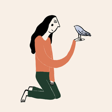 Vector illustration of lady with bird on hand sitting on knees