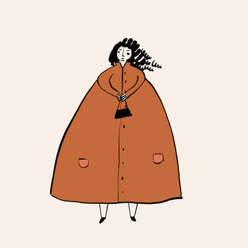 Vector image of cartoon woman in coat against white background