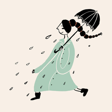 Flat style illustration of lady with umbrella walking on rainy day