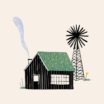 Vector design of house and windmill against white background