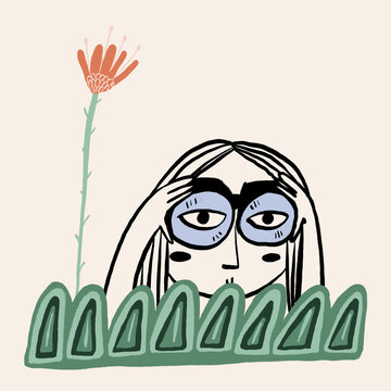 Vector design of lady hiding behind grass and looking through binoculars
