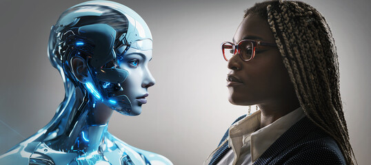 Artificial intelligence is opposed to humans. Confrontation of artificial and human intelligence.