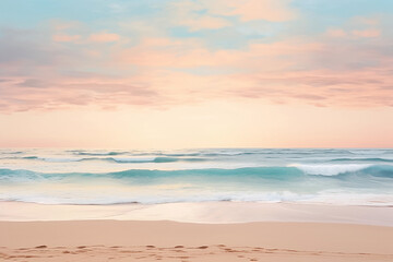 Beautiful seascape with sand beach at sunset. Pastel tones, neutral colors. Generative AI