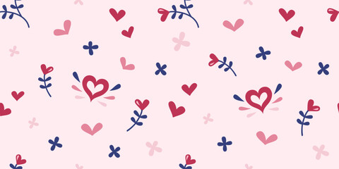 Seamless pattern flowers hearts on a pink background. Romantic, wedding background. Valentine's Day,