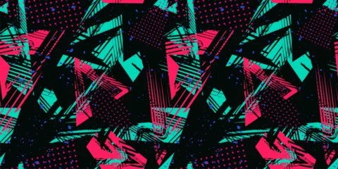 Foto op Plexiglas Abstract neon sporty seamless pattern. Urban street art. Grunge texture with chaotic lines, brush strokes, ink paint. Colorful graffiti style vector background. Pop art fashion. Trendy sport design © Olgastocker