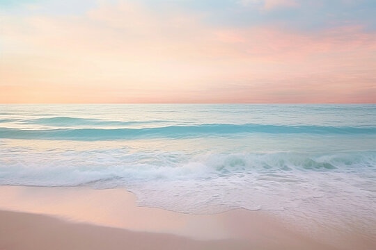 Beautiful seascape with soft wave on the beach at sunset time, neutral pastel tones. Generative AI