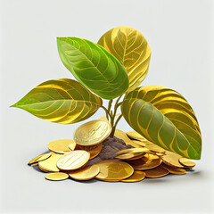 A small green sprout of a plant growing from a pile of gold coins and against a uniform background. Generative AI