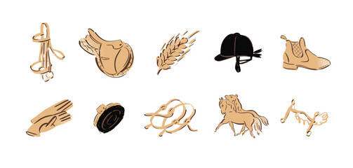 Horse riding icons for equestrian online shop, equine highlight covers for social media, horse sport illustration, outline style