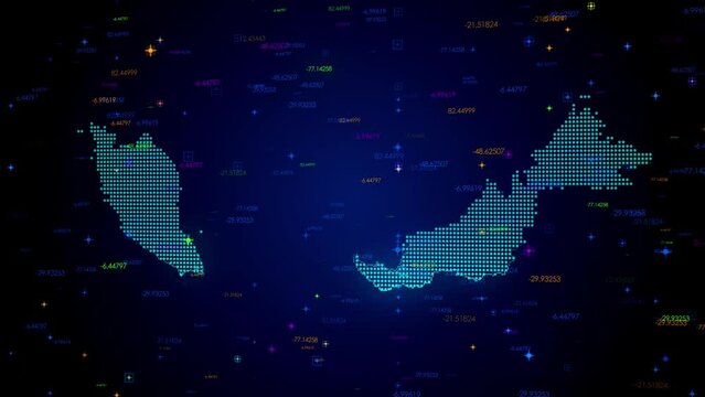 Futuristic Motion View Blue Colorful Shiny Digital Technology Hud Dots Mosaic Grid Malaysia Map Separate Regions Light Scanning With Numeric Tech Particles, Seamless Loop