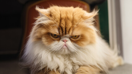 Grimmige Perser Katze mit putzigen bösen Blick Nahaufnahme, ai generativ 