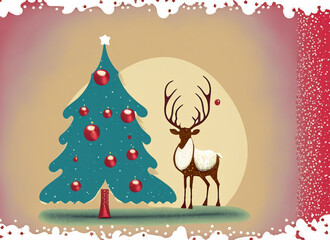 Naklejka premium christmas card with christmas tree and reindeer 