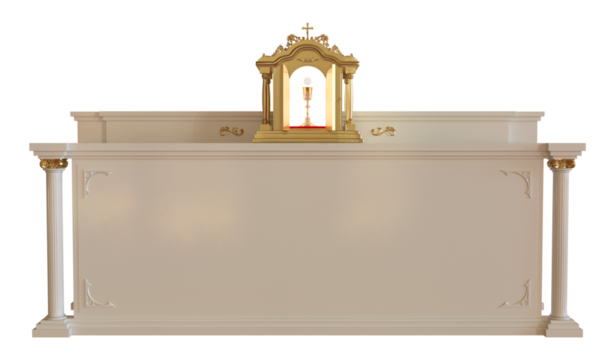 The tabernacle on the altar containing the consecrated host and the chalice with the consecrated wine, which are truly the Body and Blood of Our Lord Jesus Christ - 3D Illustration