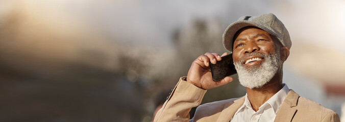 Phone call, space and happy with black man in city for networking, communication and technology. Mockup, smile and banner with senior person talking in outdoors for contact, mobile and conversation