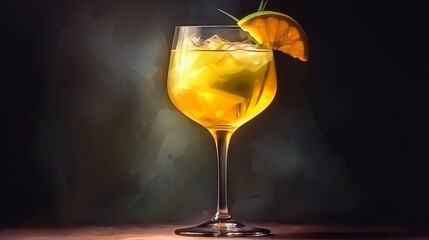 Illustration of a refreshing yellow cocktail with ice and a slice of lemon