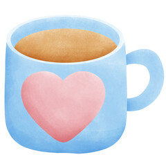 A Blue Cup of Coffee with White Heart and Coffee Art watercolor illustration isolated with background