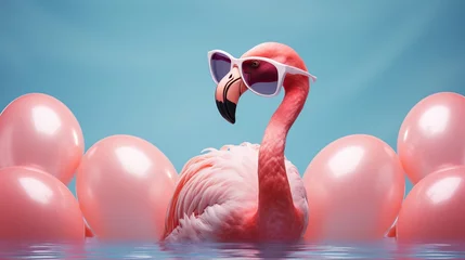 Gartenposter Flamingo wearing a straw hat © vie_art