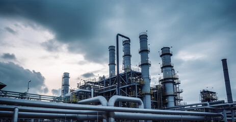 Industrial view at oil refinery plant form industry zone with cloudy sky, Generative AI