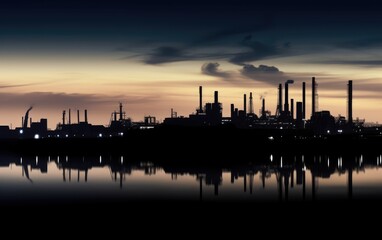 Fototapeta premium Petrochemical plant in silhouette at sunset,Glow light of petrochemical industry on sunset and Twilight sky ,Power plant,Energy power station area, Generative AI