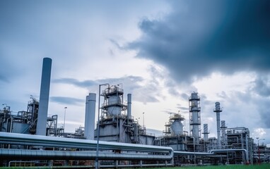 Fototapeta na wymiar Industrial view at oil refinery plant form industry zone with cloudy sky, Generative AI