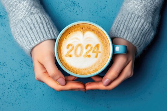 Happy New Year 2024 female hands holding coffee mug on frothy surface of cappuccino served number 2024 in white coffee mug holding on blue background. new year new you. (top view), generative ai