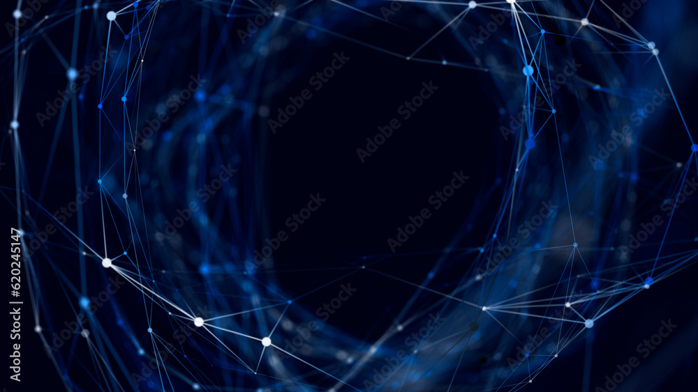 Poster Abstract digital wormhole. Sci-fi tunnel or portal. Futuristic space travel concept. Wireframe 3d surface. 3d rendering.