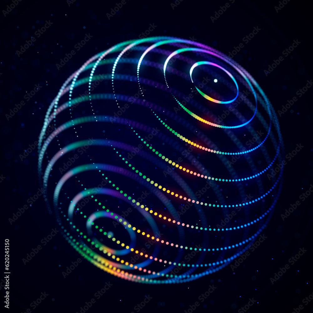Poster 3d abstract sphere. Sphere particles on dark background. Science and technology. 3d