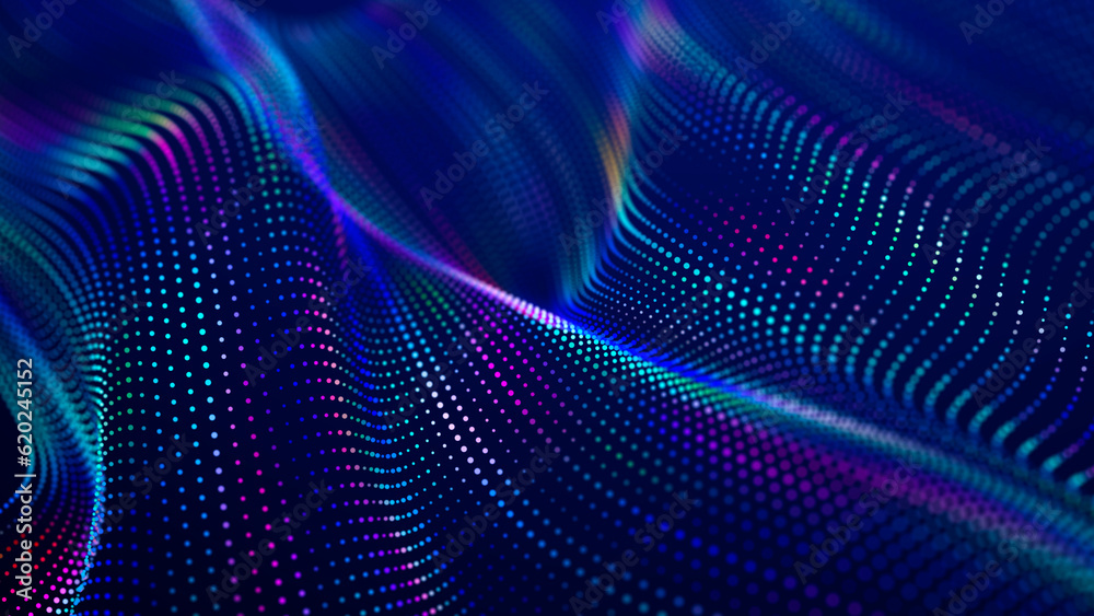 Poster Futuristic dots pattern on dark background. Colored music wave. Big data. Technology or Science Banner. 3D rendering
