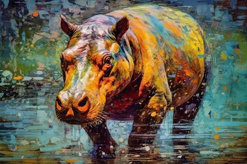 Fototapeta premium hippo form and spirit through an abstract lens. dynamic and expressive hippo print by using bold brushstrokes, splatters, and drips of paint. hippo raw power and untamed energy