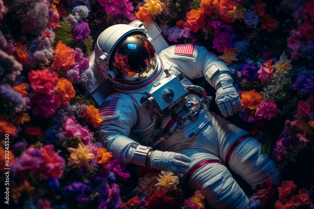 Poster astronaut lying in field of pink flowers discover open new living habitat planet made with generativ